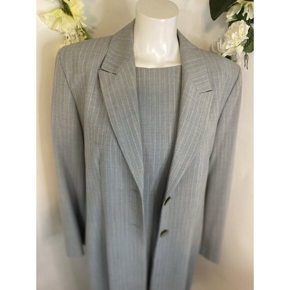 Vintage St Michael Marks Spencer 2 Piece Dress & Coat Set Gray Pinstripe Sz 16 - Picture 11 of 16